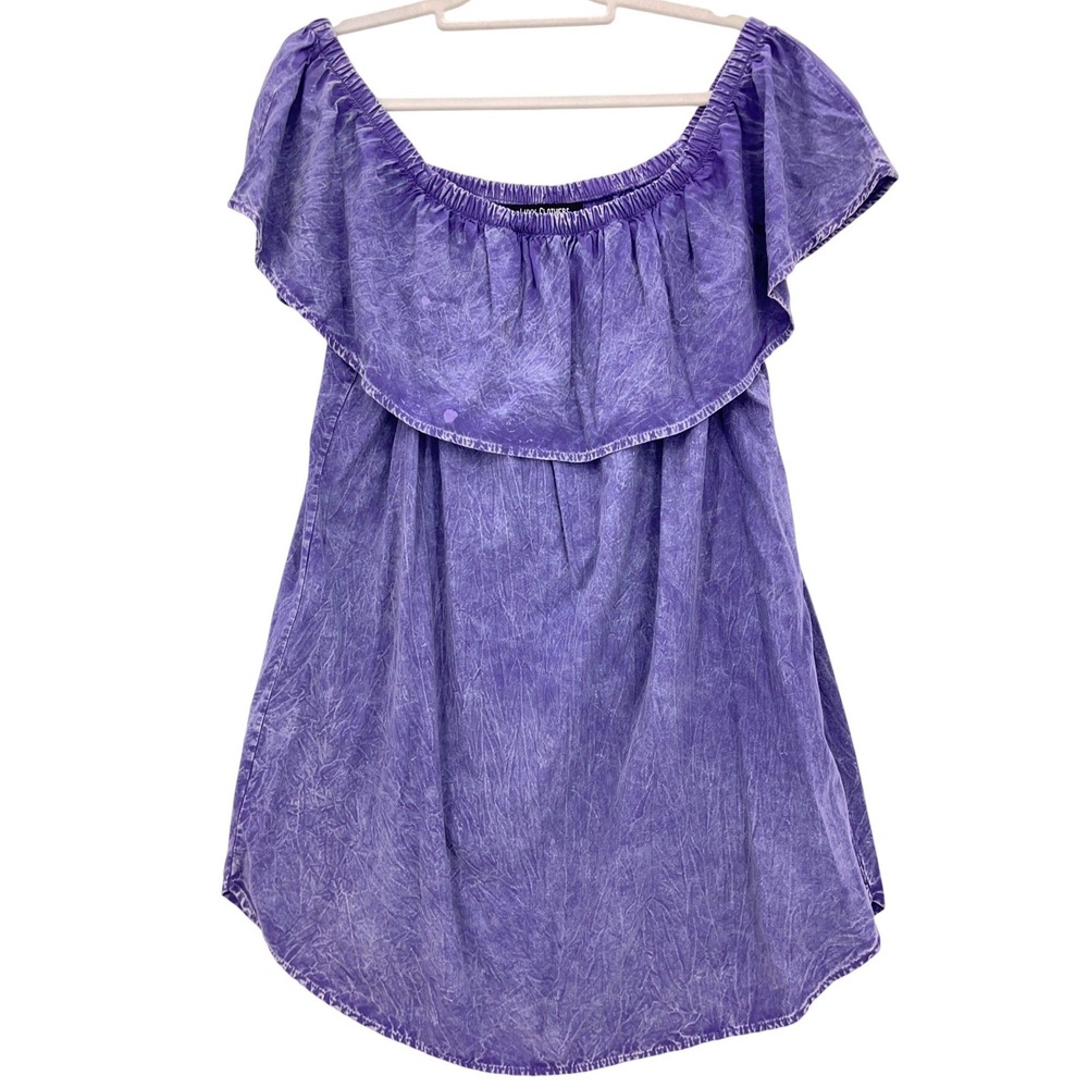 Luxx Clothiers Purple Off Shoulder Ruffle Top S Acid Wash Bamboo Cotton Boho